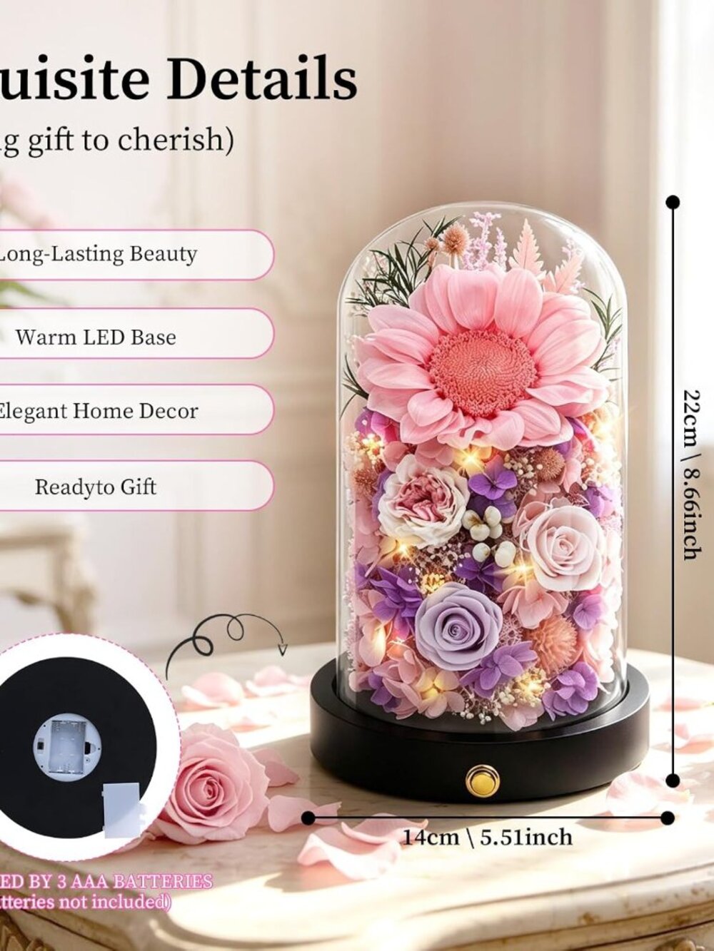 Brand New -Preserved Flower Rose in Glass Dome with LED Lights